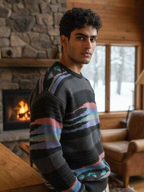 Vintage Michael Gerald Men’s M Black Striped Crewneck Sweater Multicolor Knit